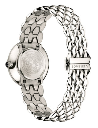 Angle shot of Versace VEBN00618 Blue Dial Silver Stainless Steel Womens Watch on white background