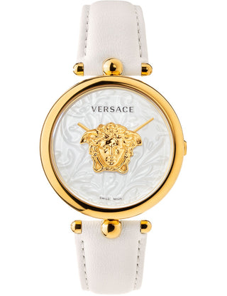 Front view of Versace VECO01320 White Leather Womens Watch on white background