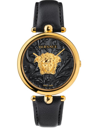 Front view of Versace VECO01420 Black Leather Womens Watch on white background