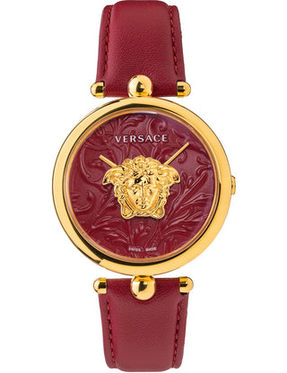 Front view of Versace VECO01520 Red Dial Leather Womens Watch on white background