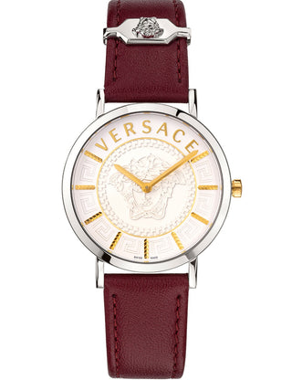 Front view of Versace VEK400221 Silver Dial Leather Womens Watch on white background