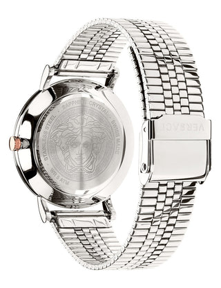 Angle shot of Versace VEK400821 Blue Dial Silver Stainless Steel Womens Watch on white background