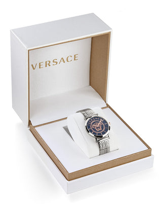 Angle shot of Versace VEK400821 Blue Dial Silver Stainless Steel Womens Watch on white background