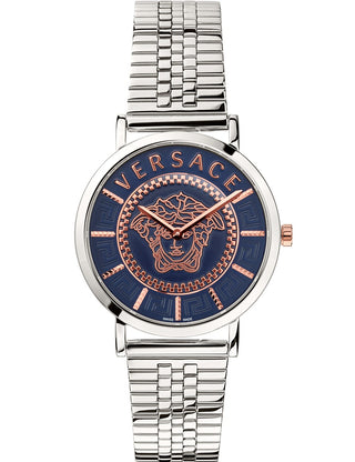 Front view of Versace VEK400821 Blue Dial Silver Stainless Steel Womens Watch on white background