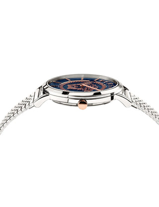 Angle shot of Versace VEK400821 Blue Dial Silver Stainless Steel Womens Watch on white background