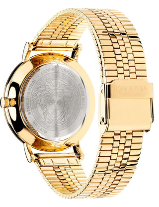 Angle shot of Versace VEK400921 Green Dial Gold Stainless Steel Womens Watch on white background