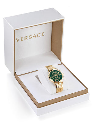 Angle shot of Versace VEK400921 Green Dial Gold Stainless Steel Womens Watch on white background