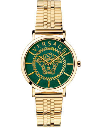 Front view of Versace VEK400921 Green Dial Gold Stainless Steel Womens Watch on white background