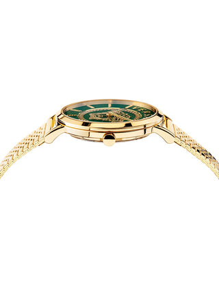 Angle shot of Versace VEK400921 Green Dial Gold Stainless Steel Womens Watch on white background