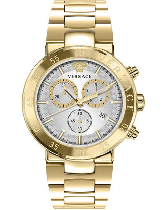 Front view of Versace Chronograph VEPY00820 Silver Dial Gold Stainless Steel Unisex Watch on white background