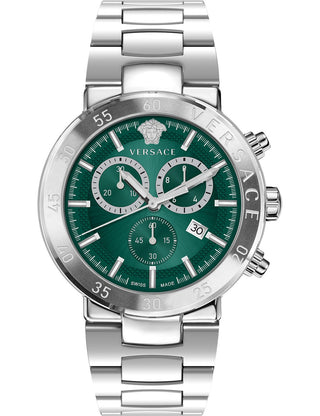 Front view of Versace Chronograph VEPY01021 Green Dial Silver Stainless Steel Unisex Watch on white background