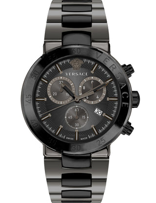 Front view of Versace Chronograph VEPY01221 Silver Dial Gold Stainless Steel Unisex Watch on white background
