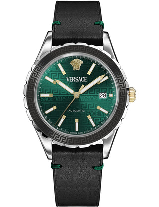 Front view of Versace VEQCA0124 Green Dial Black Leather Unisex Watch on white background