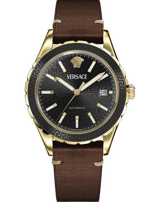 Front view of Versace VEQCA0224 Black Dial Brown Leather Unisex Watch on white background