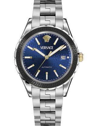 Front view of Versace VEQCA0424 Blue Dial Silver Stainless Steel Unisex Watch on white background