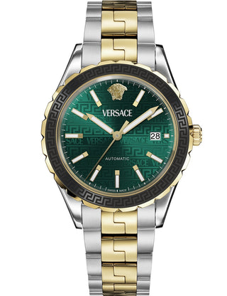 Front view of Versace VEQCA0524 Green Dial Gold Stainless Steel Unisex Watch on white background