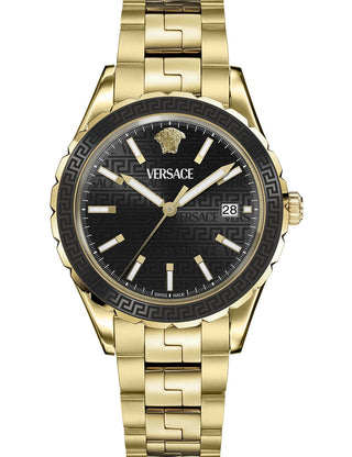 Front view of Versace VEQCA0624 Black Dial Gold Stainless Steel Unisex Watch on white background