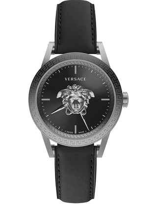 Front view of Versace VERD01220 Black Leather Unisex Watch on white background