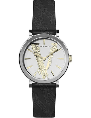 Front view of Versace VERI00120 Silver Dial Black Leather Womens Watch on white background