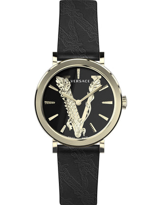 Front view of Versace VERI00220 Black Leather Womens Watch on white background
