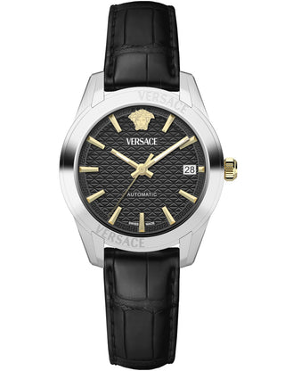 Front view of Versace VESCA0124 Black Leather Womens Watch on white background