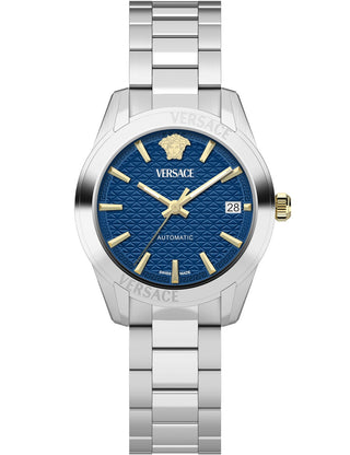 Front view of Versace VESCA0224 Blue Dial Silver Stainless Steel Womens Watch on white background