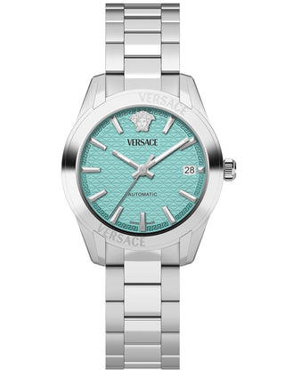 Front view of Versace VESCA0324 Silver Stainless Steel Womens Watch on white background