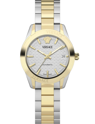 Front view of Versace VESCA0424 Silver Dial Gold Stainless Steel Womens Watch on white background