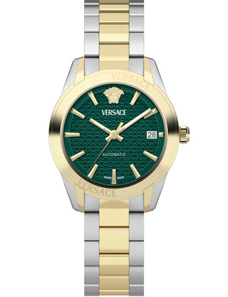 Front view of Versace VESCA0524 Green Dial Gold Stainless Steel Womens Watch on white background
