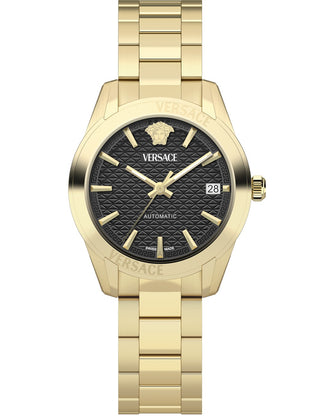 Front view of Versace VESCA0624 Black Dial Gold Stainless Steel Womens Watch on white background