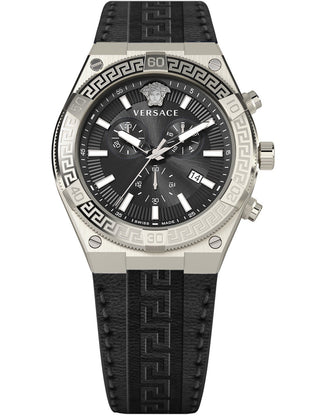 Front view of Versace Chronograph VESO00222 Black Leather Unisex Watch on white background