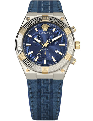 Front view of Versace Chronograph VESO00322 Blue Leather Unisex Watch on white background