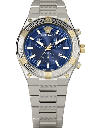 Front view of Versace Chronograph VESO00522 Blue Dial Silver Stainless Steel Unisex Watch on white background