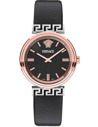 Front view of Versace VETCA0224 Black Leather Womens Watch on white background