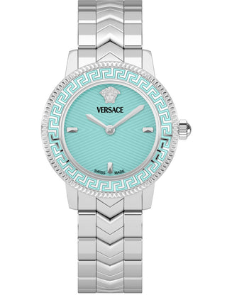 Front view of Versace VEUCA0324 Silver Stainless Steel Womens Watch on white background