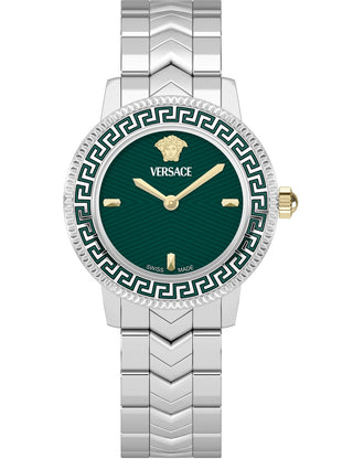 Front view of Versace VEUCA0424 Green Dial Silver Stainless Steel Womens Watch on white background