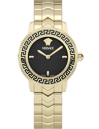 Front view of Versace VEUCA0824 Black Dial Gold Stainless Steel Womens Watch on white background