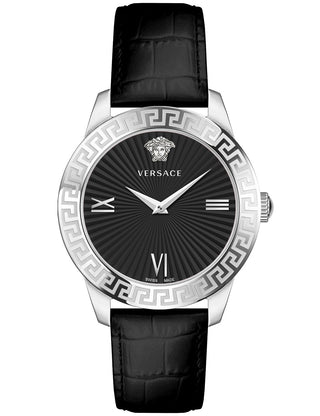 Front view of Versace VEVC00821 Black Leather Womens Watch on white background