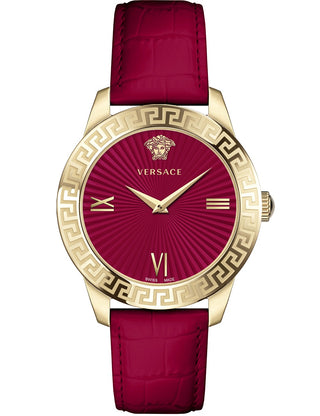 Front view of Versace VEVC00921 Red Dial Leather Womens Watch on white background