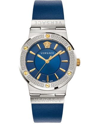 Front view of Versace VEVH00120 Blue Leather Womens Watch on white background