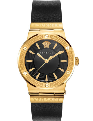 Front view of Versace VEVH00320 Black Leather Womens Watch on white background
