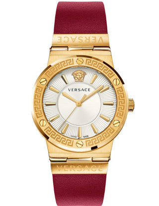 Front view of Versace VEVH00420 Silver Dial Leather Womens Watch on white background