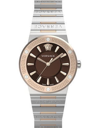 Front view of Versace VEVH01220 Brown Dial Rose Gold Stainless Steel Womens Watch on white background
