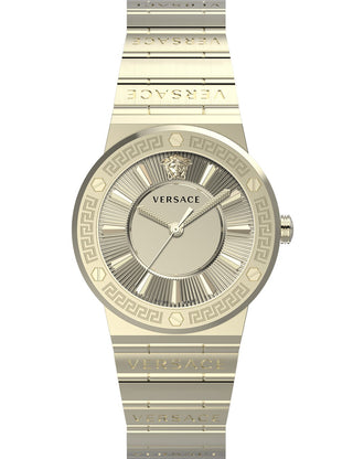 Front view of Versace VEVH01320 Gold Stainless Steel Womens Watch on white background