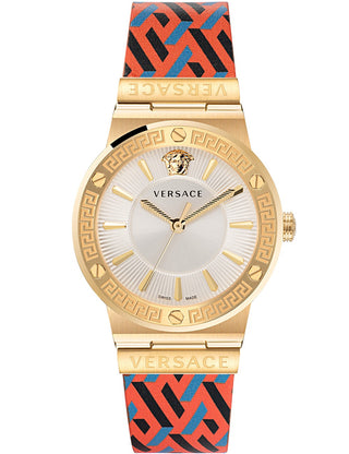 Front view of Versace VEVH01521 Silver Dial Leather Womens Watch on white background