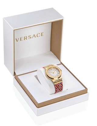 Angle shot of Versace VEVH01521 Silver Dial Leather Womens Watch on white background
