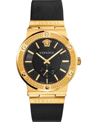 Front view of Versace VEVI00220 Black Leather Unisex Watch on white background