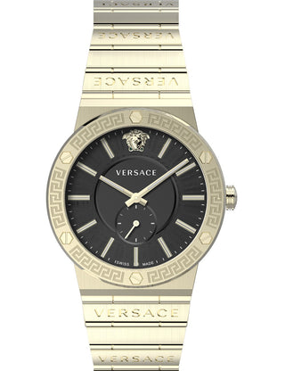 Front view of Versace VEVI00821 Black Dial Gold Stainless Steel Womens Watch on white background
