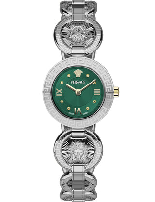Front view of Versace VEWCA0224 Green Dial Silver Stainless Steel Womens Watch on white background