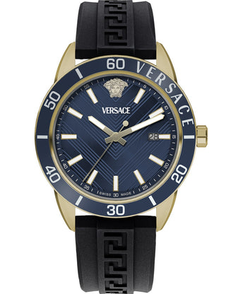 Front view of Versace VEYCA0224 Blue Dial Black Silicone Unisex Watch on white background